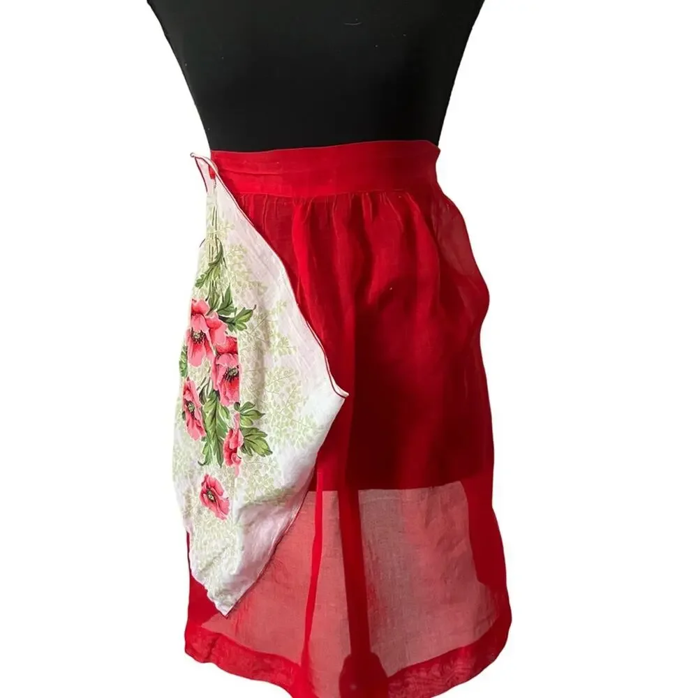 VINTAGE-SHEER-HANDMADE Red Kitchen Apron with Floral Handkerchief